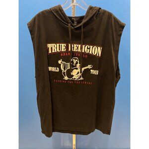 True Religion Mens Black Sleeveless Hoodie L Large NWOT Cotton